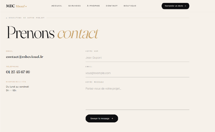 Page contact du site réalisé pendant le stage